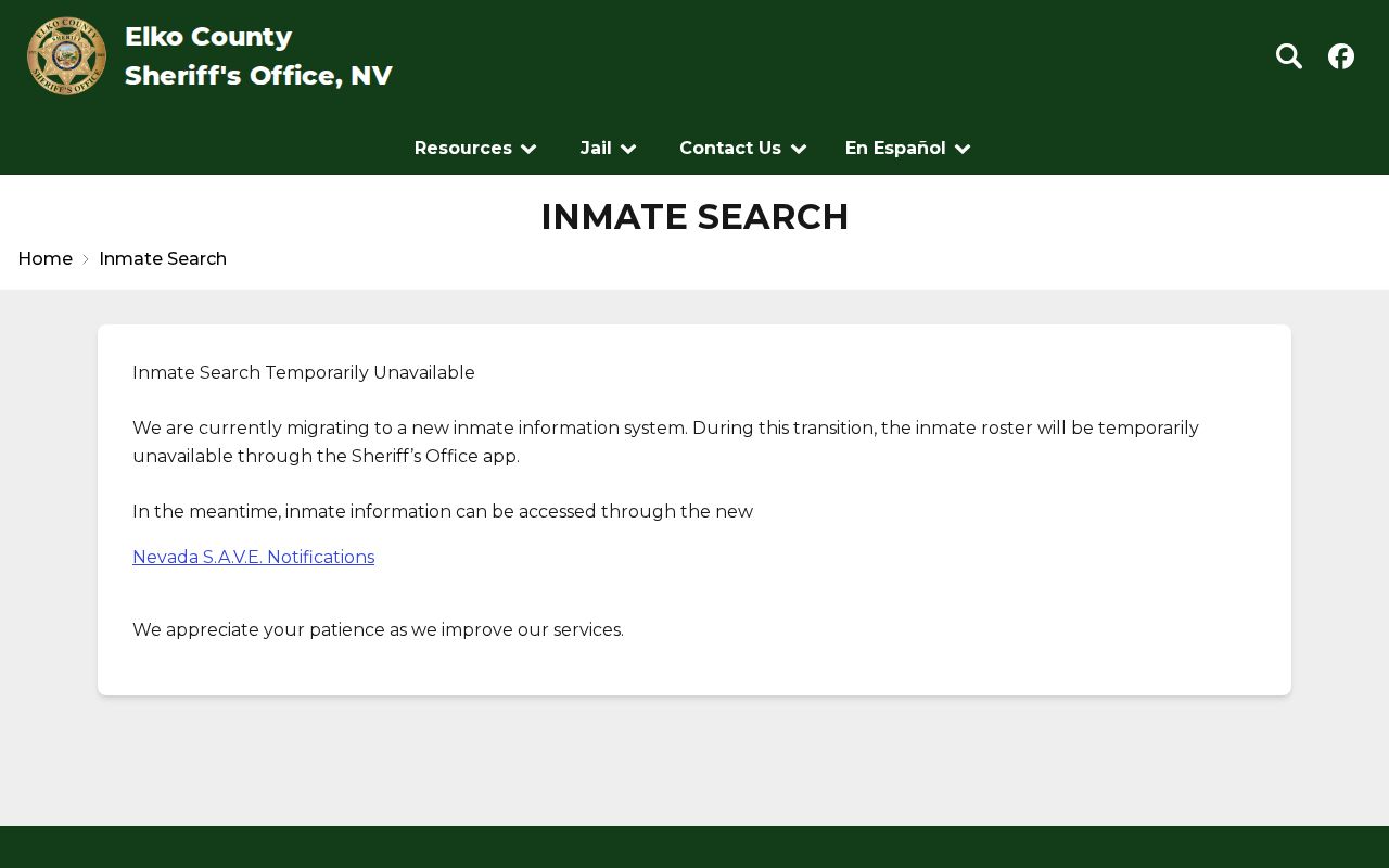 Elko County warrant records, Elko County Sheriff's inmate search route