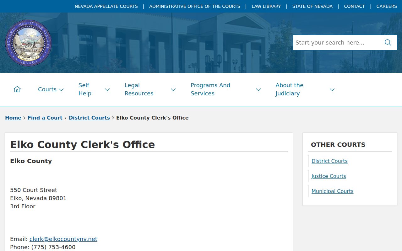 Elko County warrant records, Elko County Clerk of Court contact block