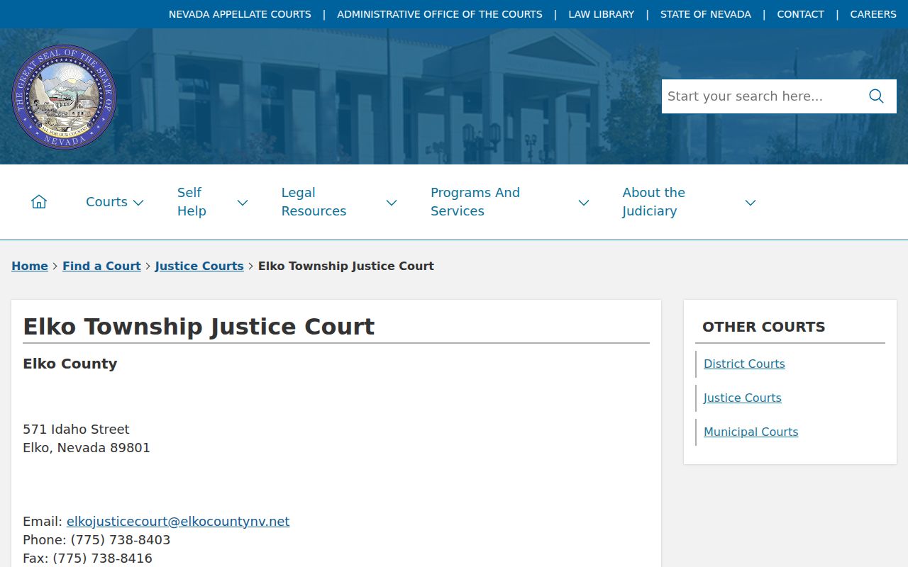 Elko County warrant records, Elko Township Justice Court contact page