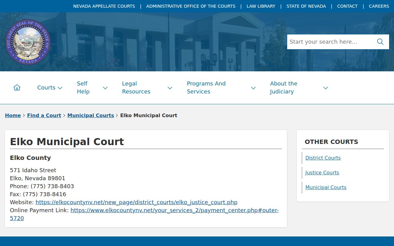 Elko County warrant records, Elko Municipal Court official directory page