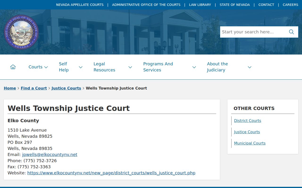 Elko County Wells warrant records, Wells Justice Court official contact page