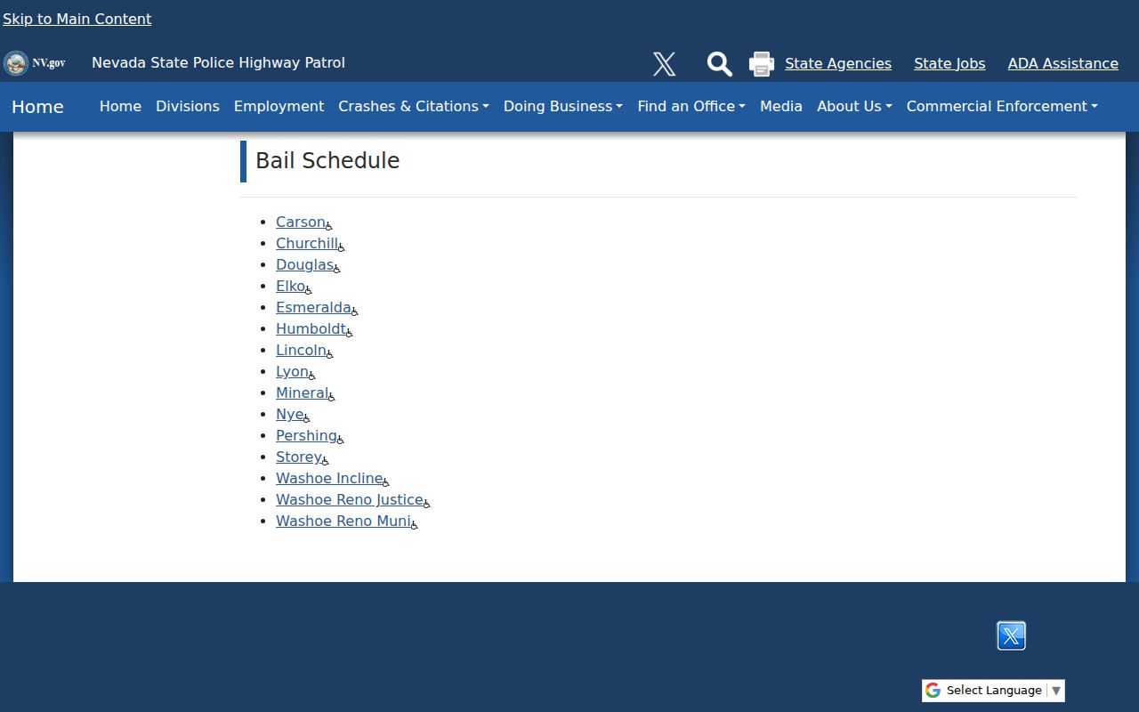 Elko County warrant records, Nevada bail schedule county selector