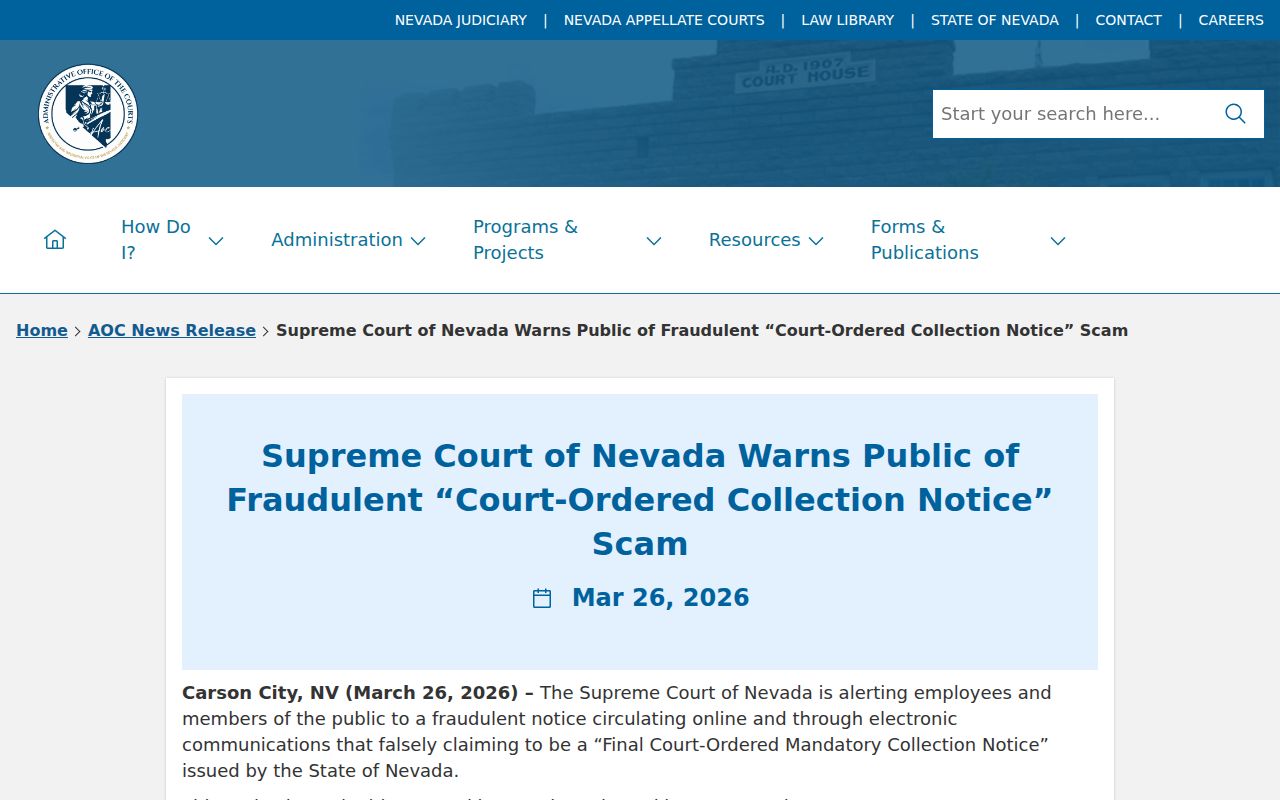 Elko County warrant records, Nevada Supreme Court warning about fraudulent court collection notices