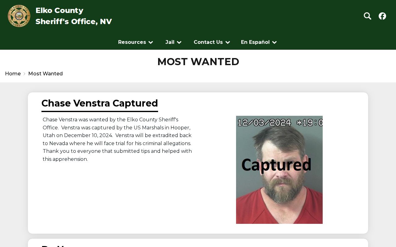 Elko County warrant records, Elko County Sheriff's Most Wanted program interface