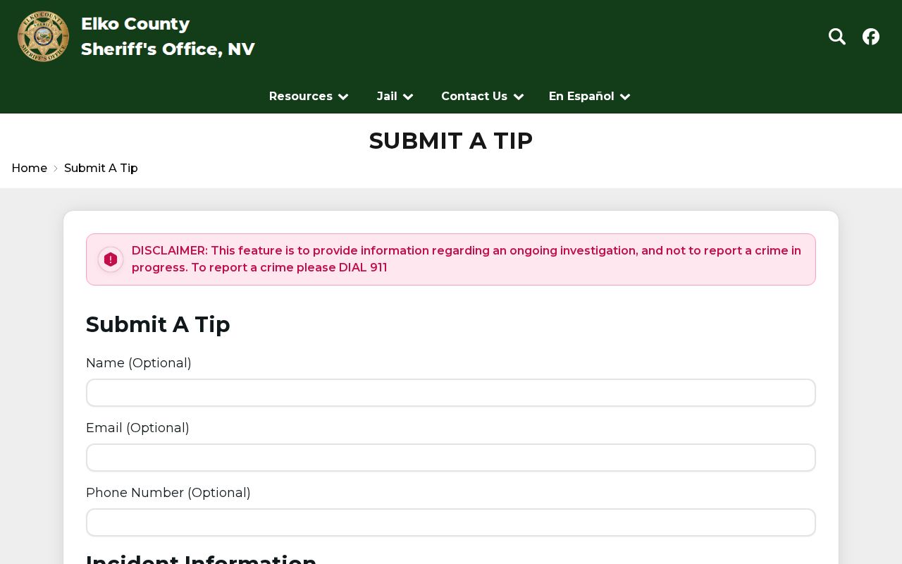 Elko County warrant records, Elko County Sheriff's official tip form